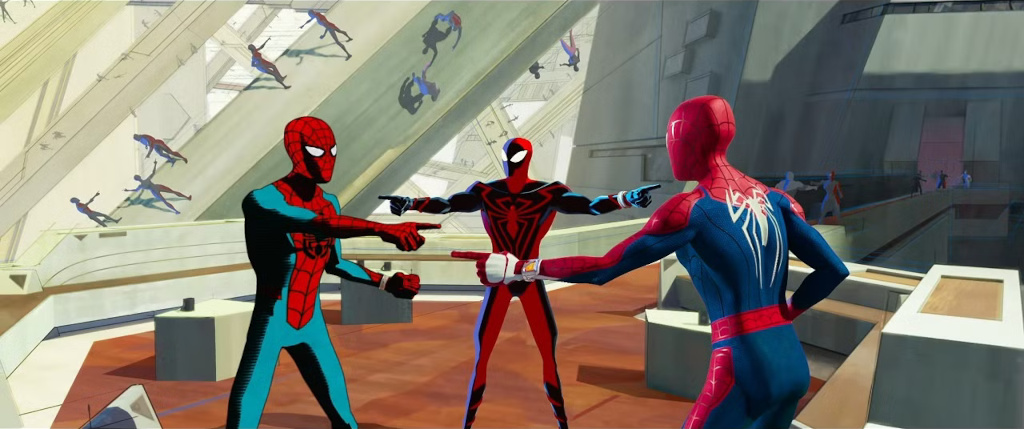 Tre utgåver av Spider-Man frå ulike generasjonar og medium peikar på kvarandre. Den same scena er òg synleg overalt i bakgrunnen så langt auget kan sjå. Referanse til og humoristisk attskaping av «Spider-Man Pointing at Spider-Man»-memet (frå Spider-Man-teikneserien frå 60-talet).