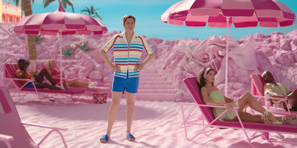 Allan (Michael Cera) ventar på sin ven Ken på Barbie-stranda.